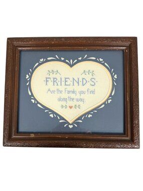 VTG Framed Heart-Shaped Cross-Stitch Wall Art 'Friends Are The Family You Find'